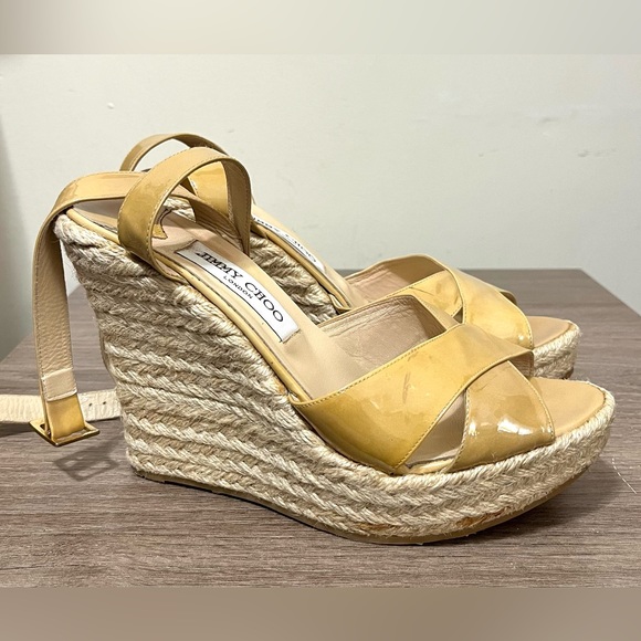 Jimmy Choo Phoenix Espadrille Wedges Patent Leather Nude Size 10 - Picture 2 of 12